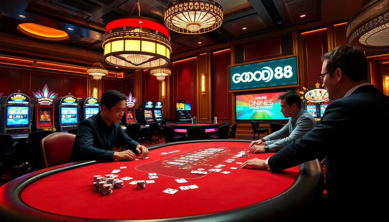 Exciting poker game at GOOD88 casino, showcasing vibrant chips and cards.
