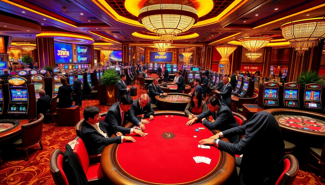 Experience high-stakes excitement with 33WIN at a vibrant casino featuring poker tables and slots.