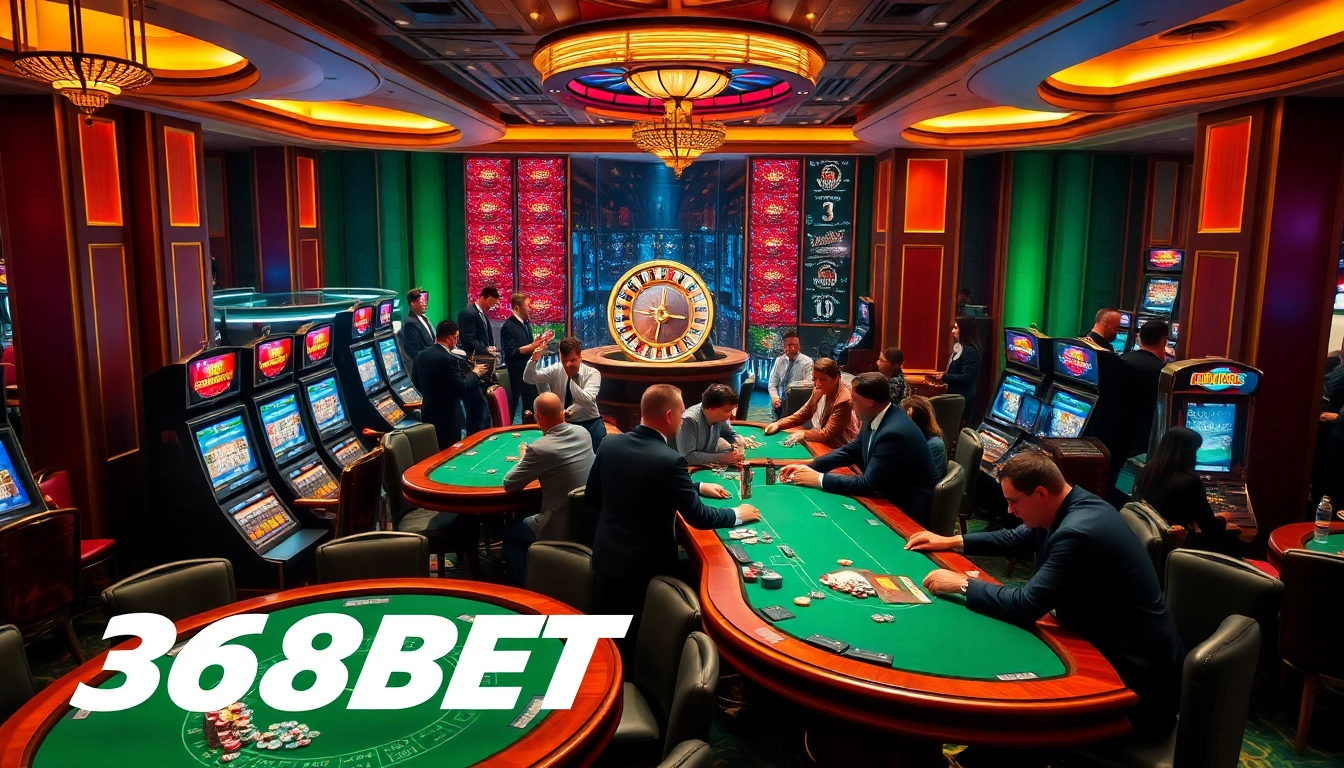 Exciting scene at 368BET casino with players at poker tables and spinning roulette wheel.