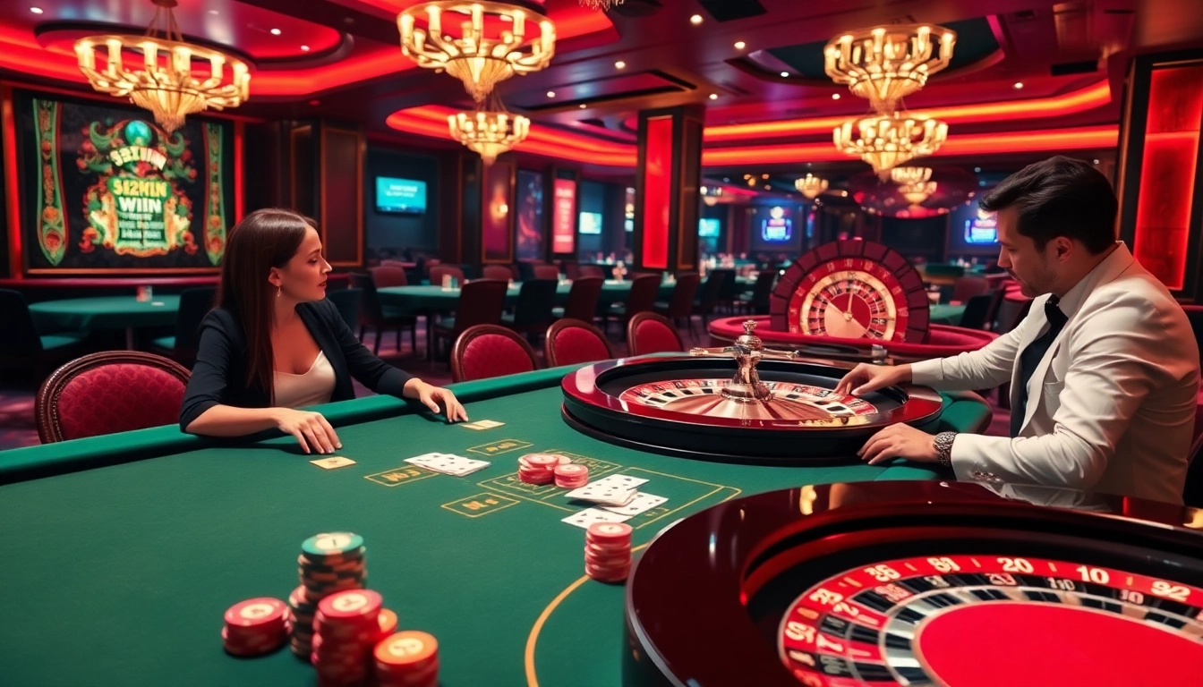 Players enjoying 52WIN at a luxurious casino table, highlighting excitement and strategy.