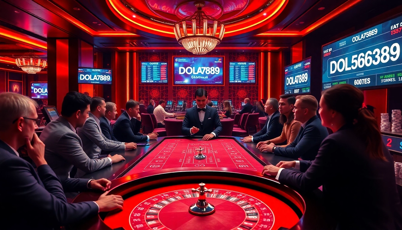 DOLA789 players enjoying high-stakes poker at a luxurious casino table with vibrant lighting.