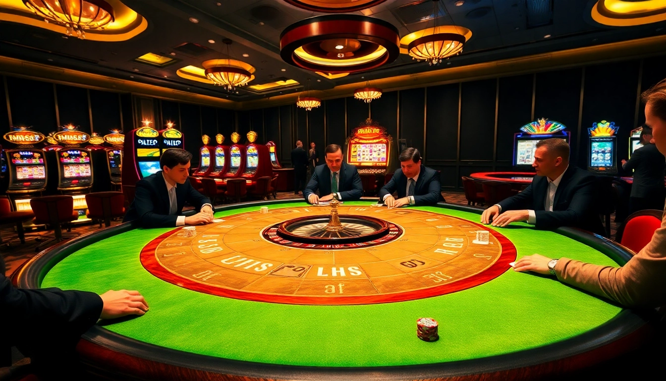 Engaging players at HM88 poker table in a luxurious casino scene with vibrant colors.
