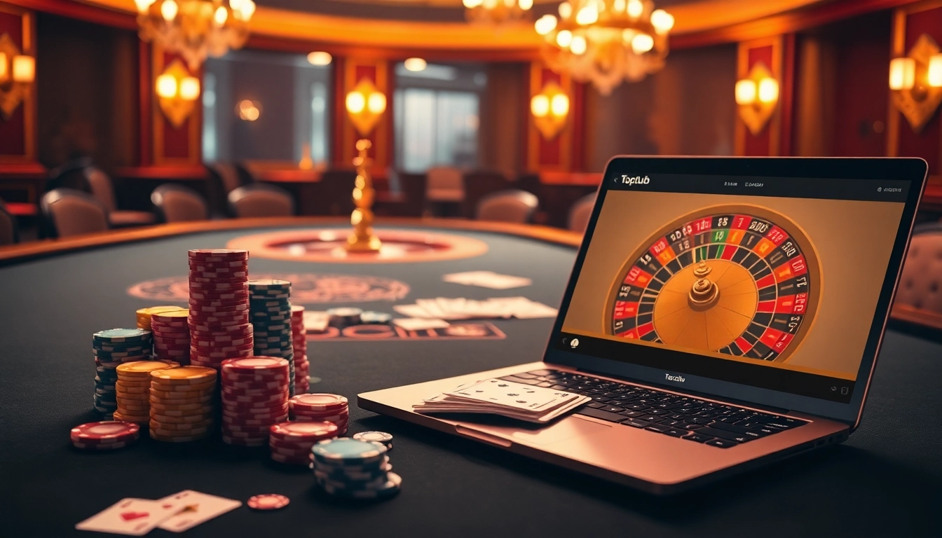 A gambler engaging with the exciting features of https://topclub.site/ in a luxurious casino setting.
