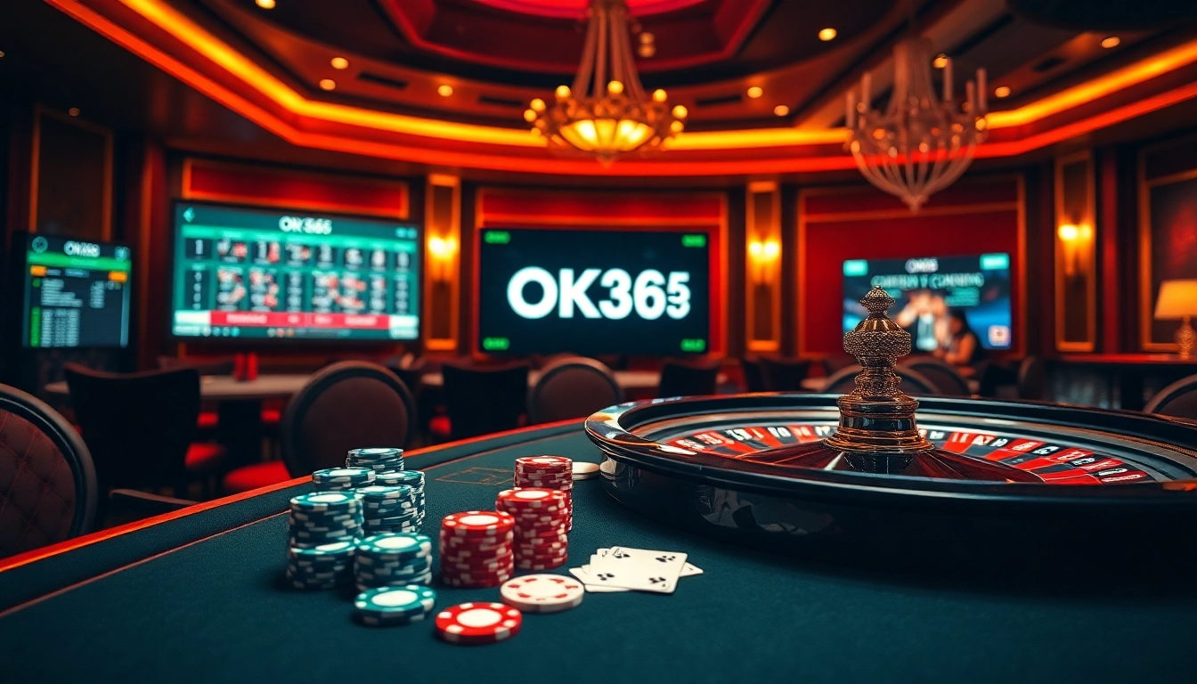 Experience a thrilling game of poker at OK365, featuring vibrant chips and roulette wheels.