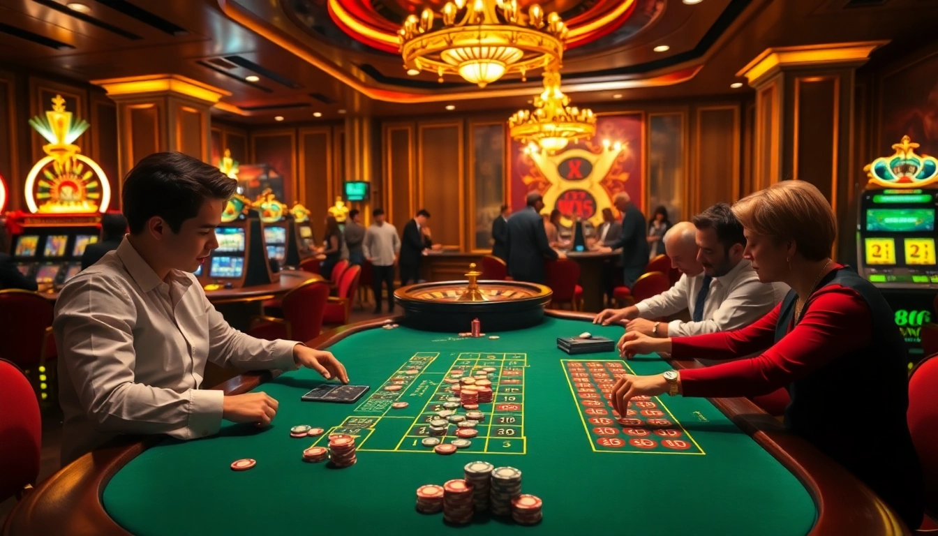 Experience the thrill of winning at tk88 with an elegant gambling scene featuring poker and roulette.