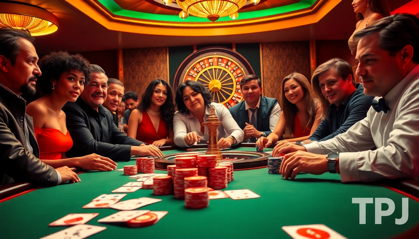 Experience the thrill of gambling with TPJ at a luxurious poker table and roulette wheel.