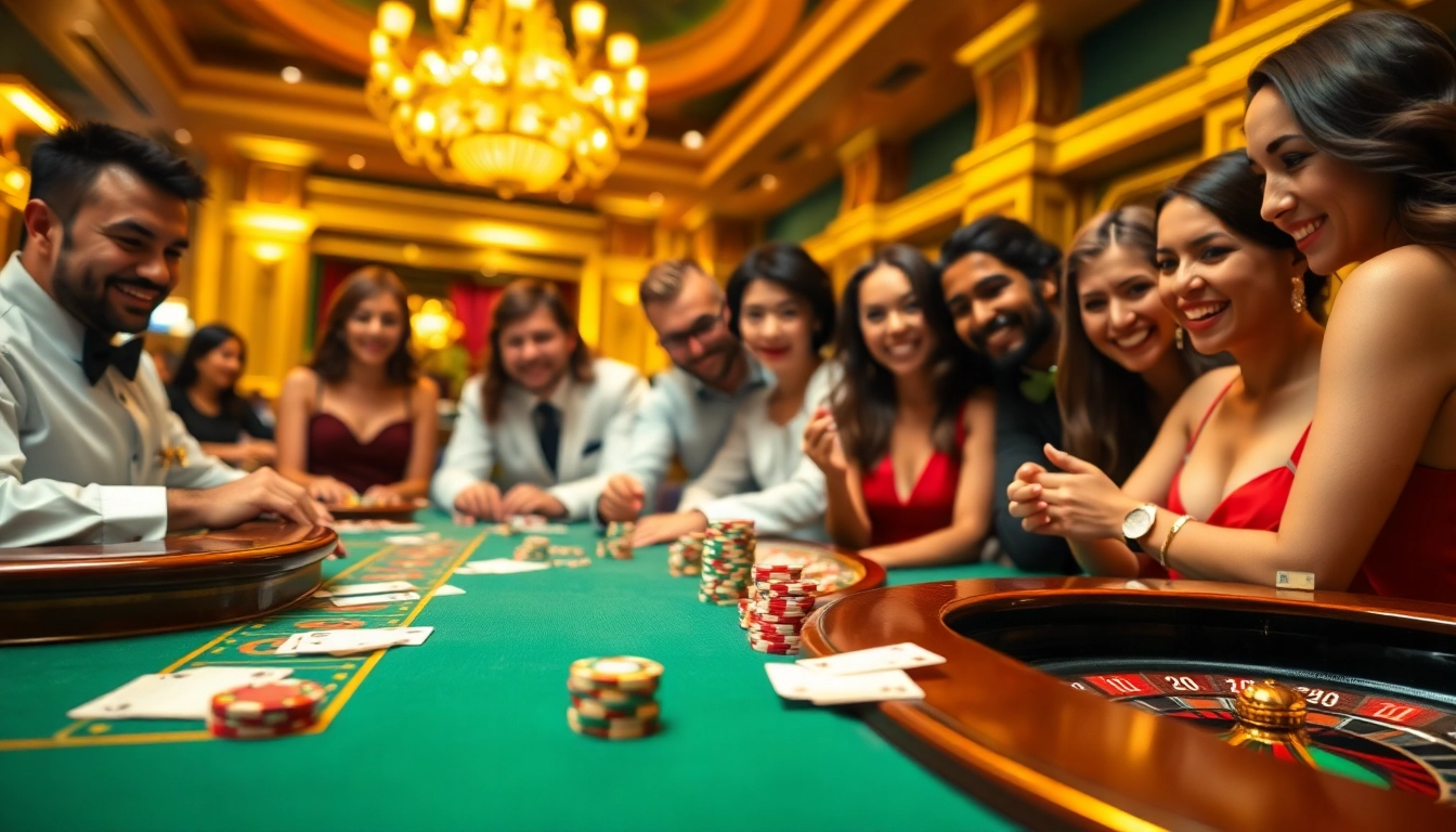 Experience the thrill of gaming at https://topclub.website/ with a luxurious casino scene featuring excited players and classic tables.