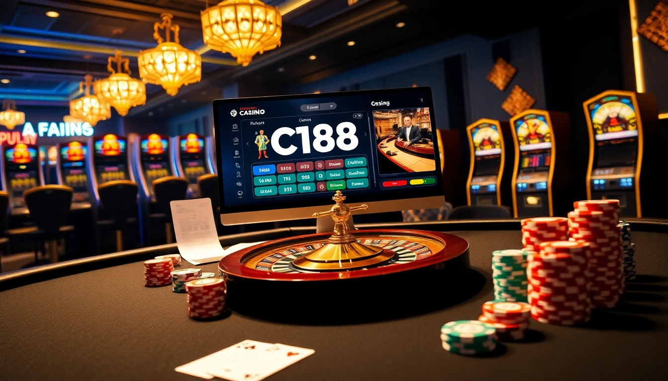 C168 online interface showcased at a luxurious casino table with poker chips and roulette wheels.