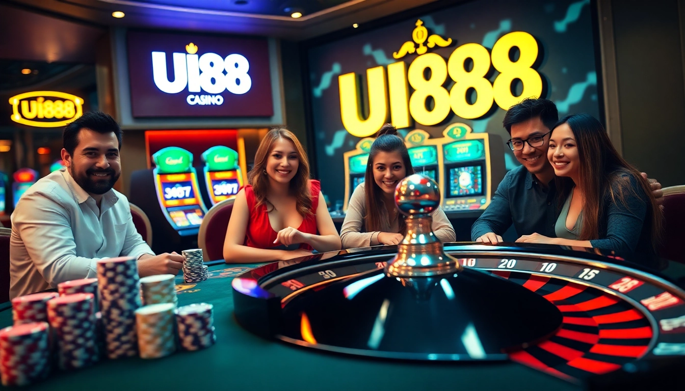 Players enjoying the thrilling casino atmosphere at UU88, with poker chips and a roulette wheel.