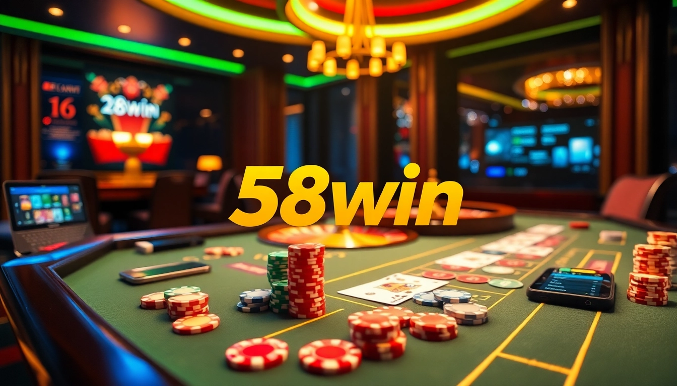 Experience the thrill of gambling at 58win with vibrant casino tables and colorful chips.