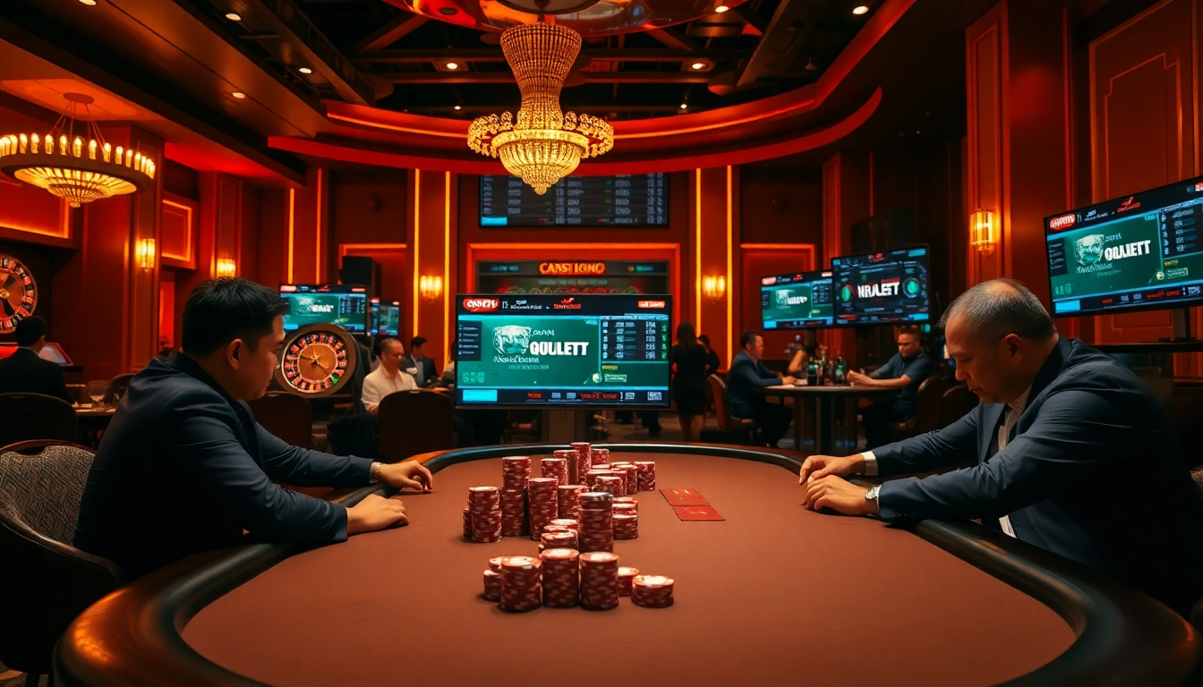 Engaging casino atmosphere at bancadoithuong.futbol featuring poker and a roulette wheel.