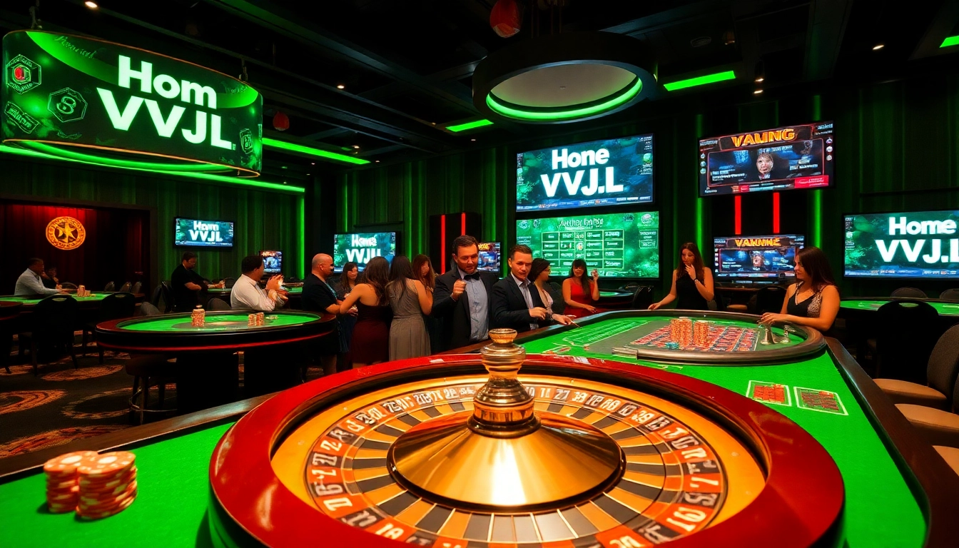 Exciting casino atmosphere illustrating home vvjl with players engaged at tables and roulette wheel.