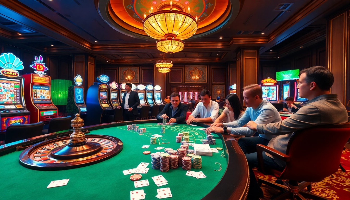 Gamblers enjoying a thrilling game at PG88 casino, surrounded by vibrant slot machines and poker chips.
