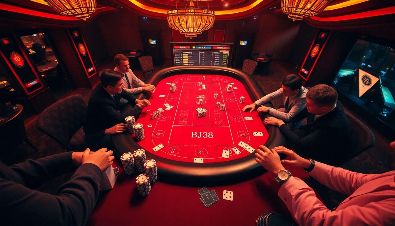 Engaging BJ38 gaming table featuring vibrant poker chips and dynamic game action.