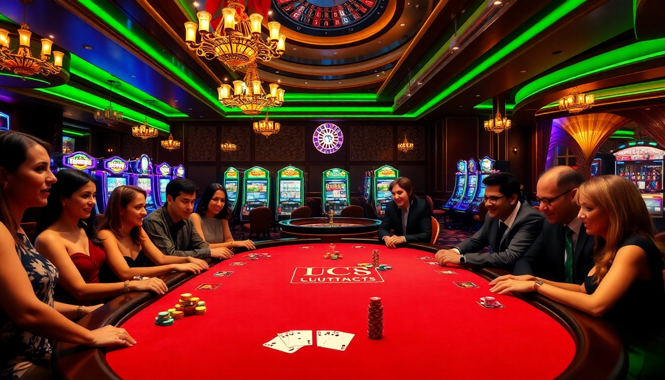 Người chơi đang tham gia một ván poker đầy kịch tính tại sòng bạc sang trọng của LUCK8, thể hiện sự phấn khích và những lần thắng cuộc.