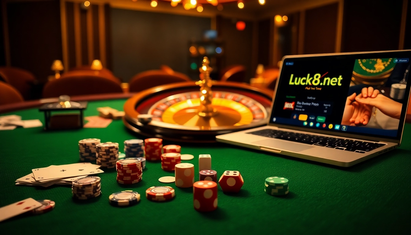 Trải nghiệm sự phấn khích khi chơi game tại https://luck8.net với cảnh casino tinh tế, thể hiện chip poker và lá bài.