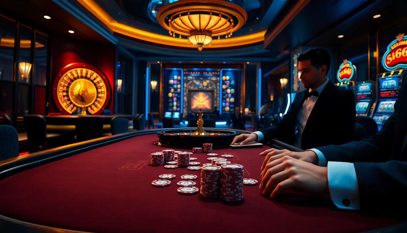 Experience the excitement of gambling with players betting chips at https://fa88.exchange/ in a luxurious casino setting.