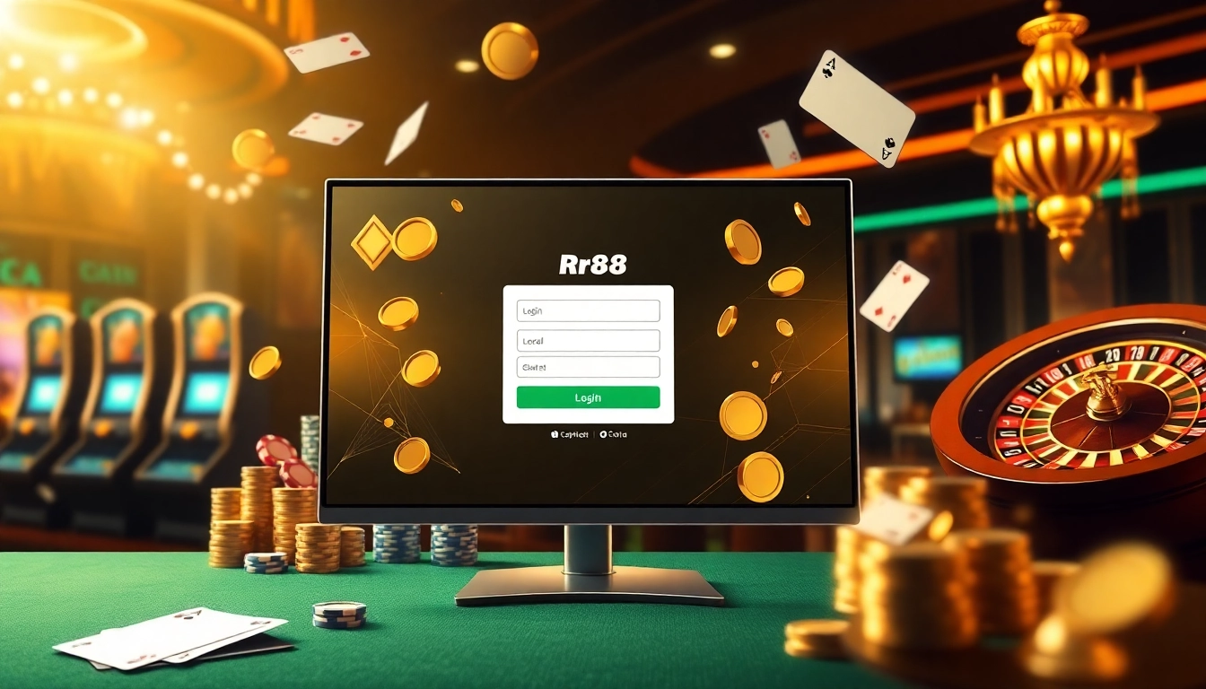 Experience the rr88 đăng nhập process on a luxurious casino-themed digital interface highlighting poker and slot elements.
