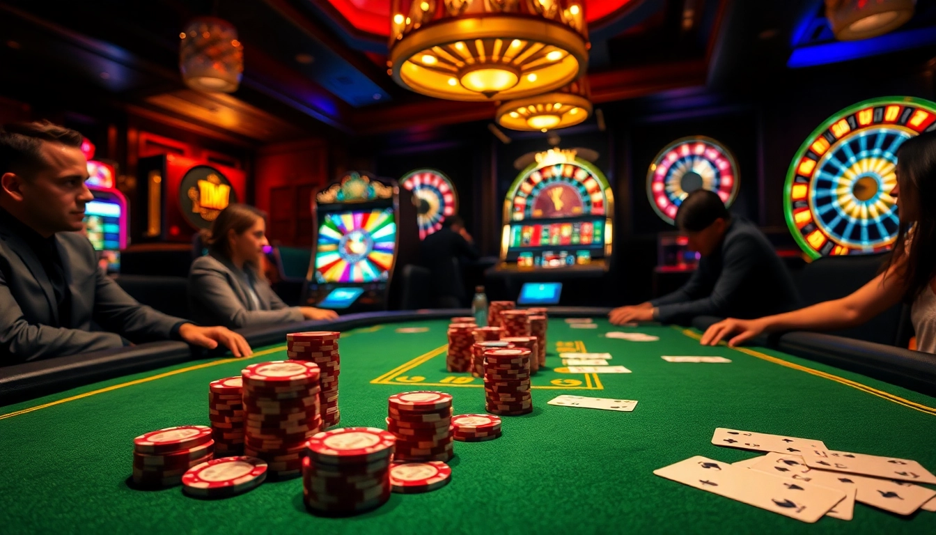 Players strategizing at a high-stakes poker table, illustrating MMOO excitement in a luxury casino.