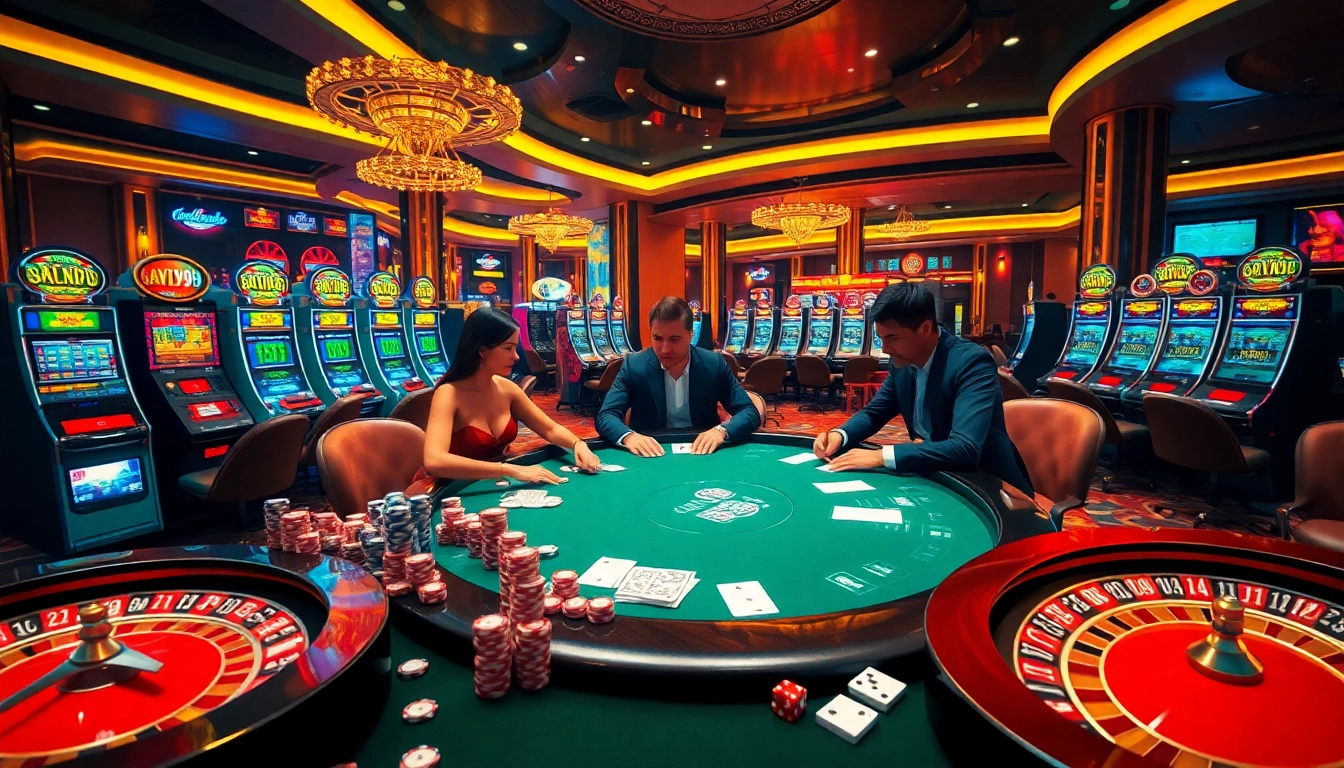 Exciting poker action at GAVIP999 casino, showcasing high-stakes gameplay with vibrant casino elements.