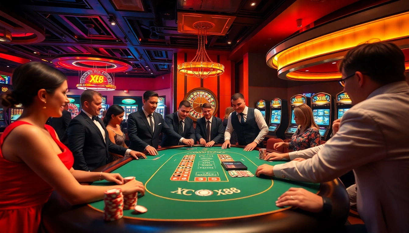X88 players engaging in a thrilling live casino game with card dealers, poker chips, and roulette.