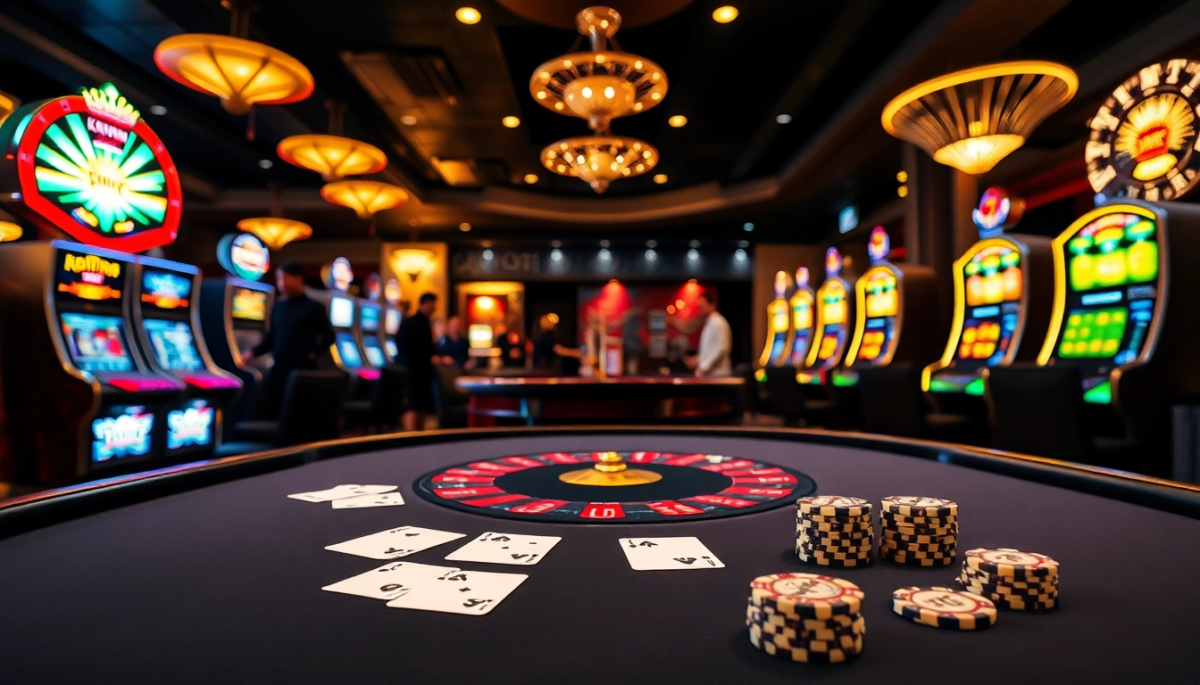 Kuwin casino scene showcasing an elegant poker table with vibrant chips and a roulette wheel.