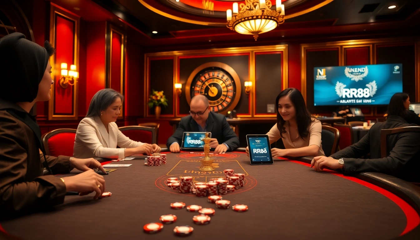 Experience the excitement of RR88 at a luxurious casino table surrounded by eager players and vibrant gaming elements.