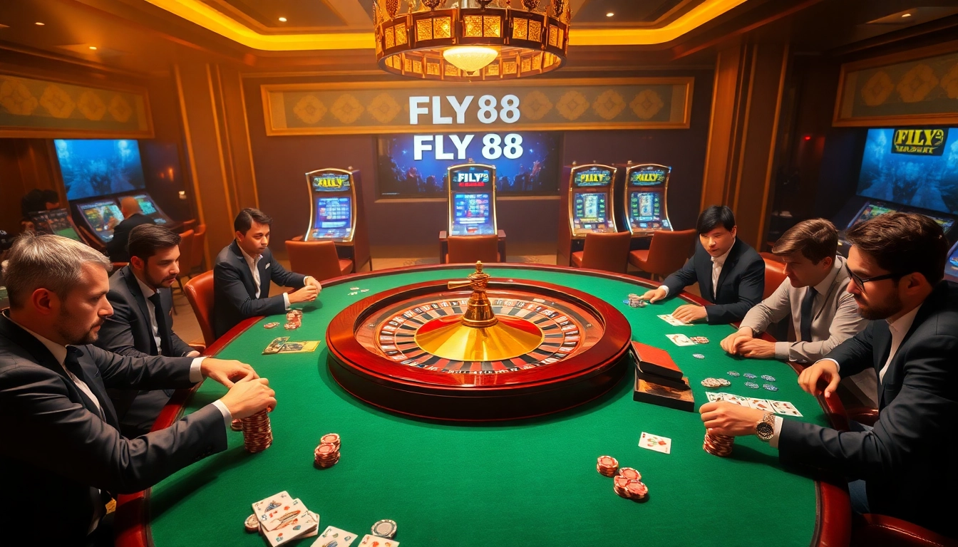 FLY 88 gamblers enjoying an upscale casino experience with vibrant tables and roulette.