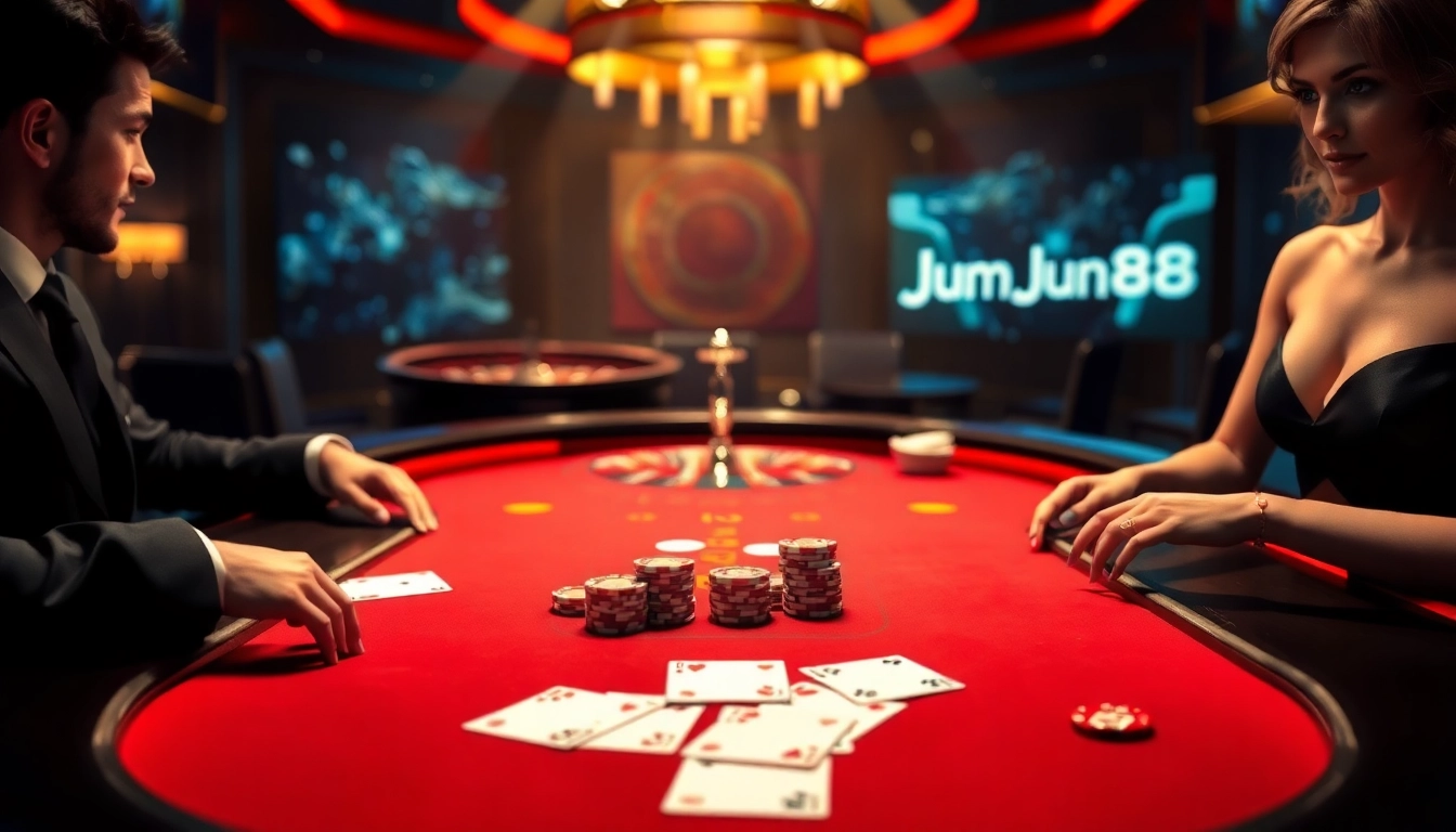 Experience thrilling gameplay at https://jun88.rodeo/ with luxury casino elements showcasing high-stakes blackjack and roulette.