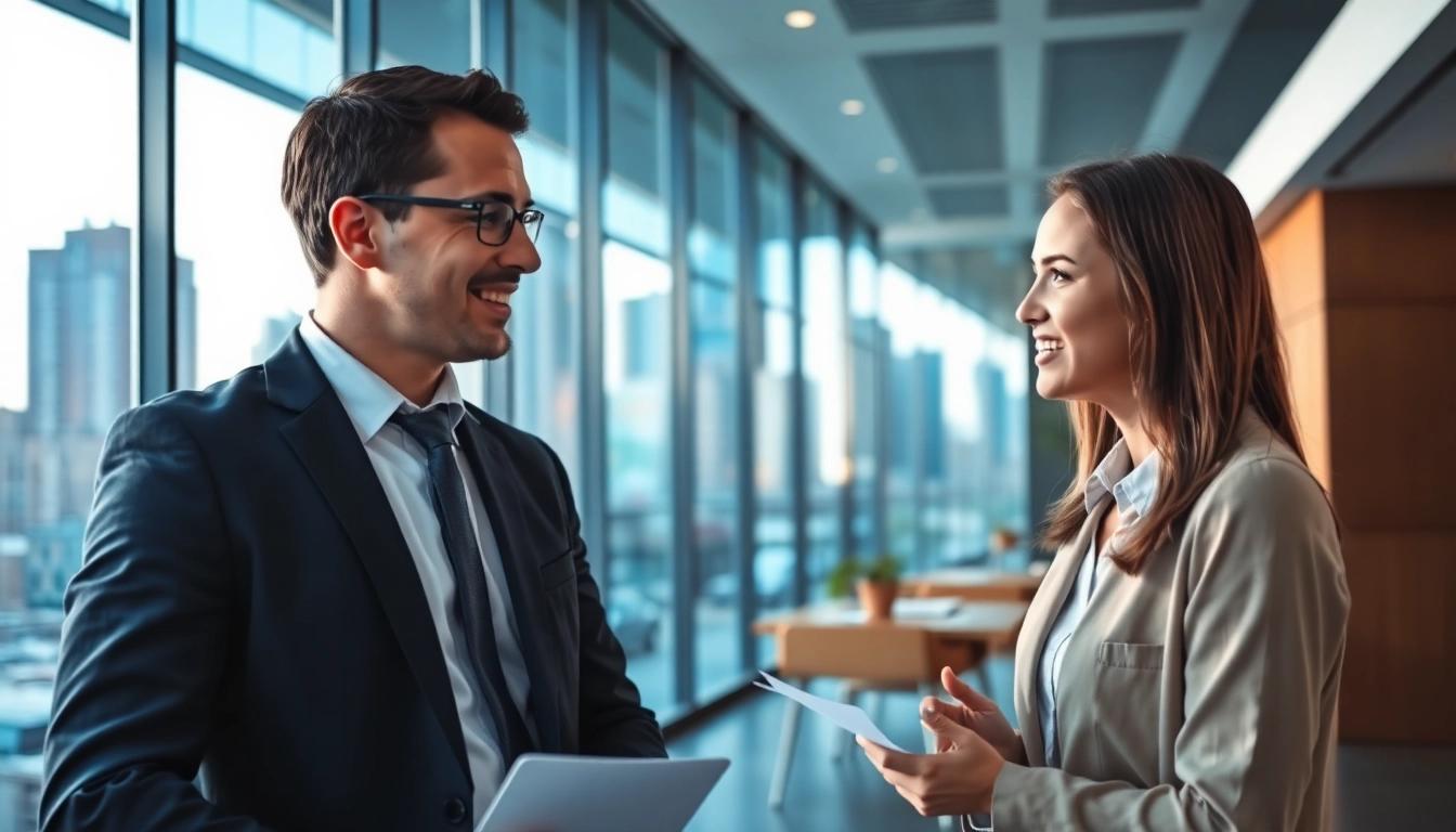 Headhunter Schweiz im modernen Büro, in Gespräch mit Kandidaten, professionell und einladend.