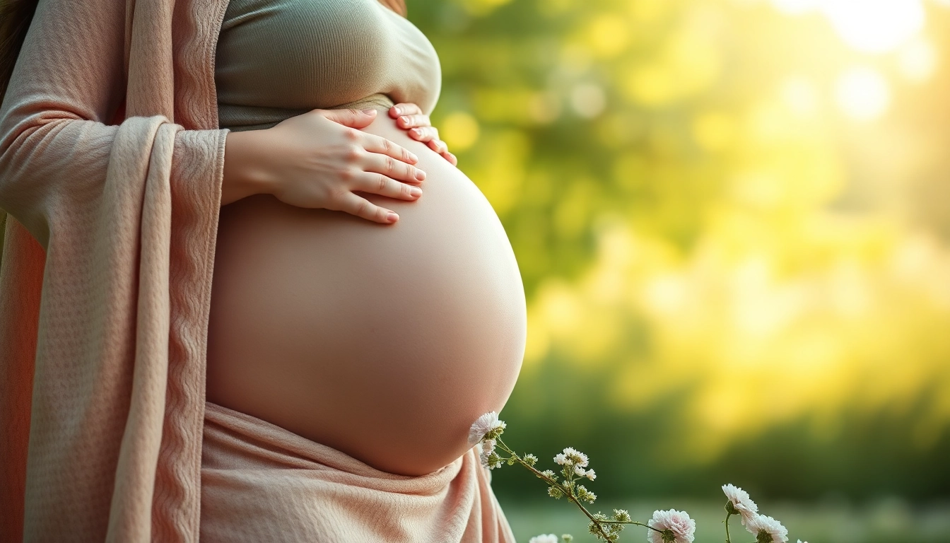 Schwangerschaftsfotografie einer schwangeren Frau in einem sanften, natürlichen Umfeld mit beruhigender Lichtstimmung.