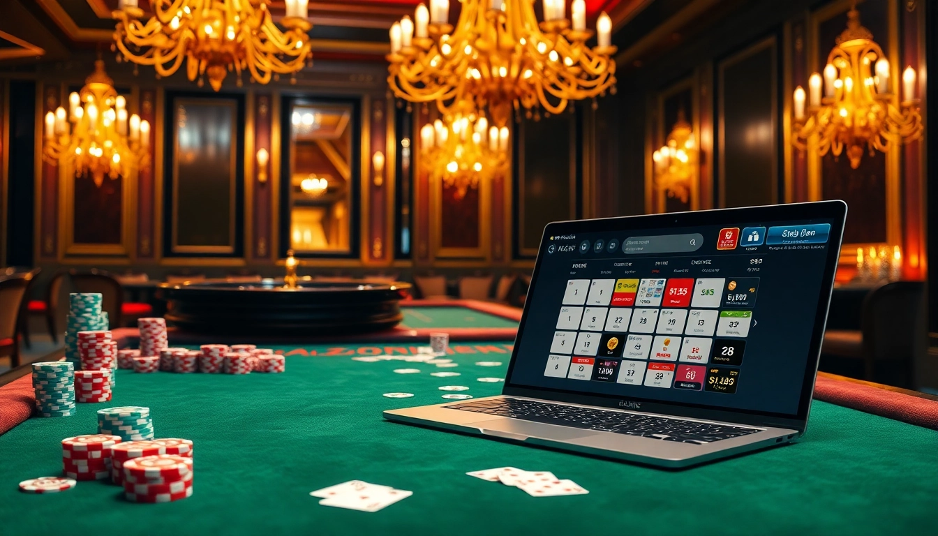 Engaging scene illustrating cổng game 789club with a luxurious casino setting, cards, dice, and roulette wheel.
