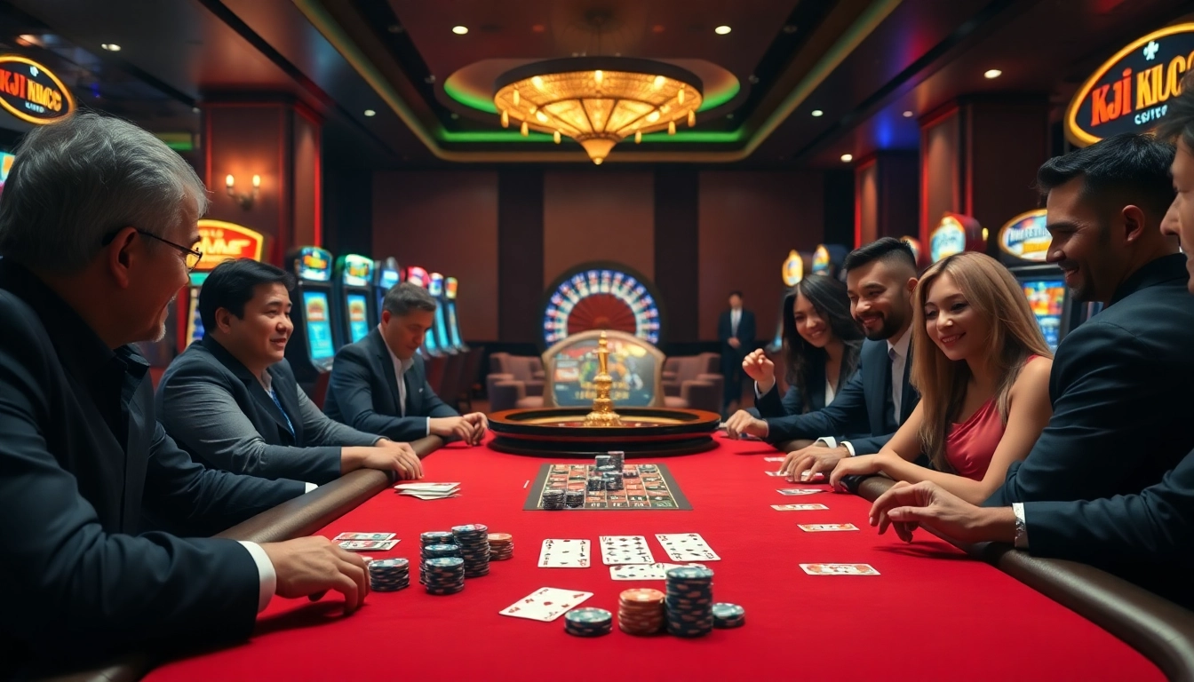 KJC-branded poker table filled with players betting in a luxurious casino environment.