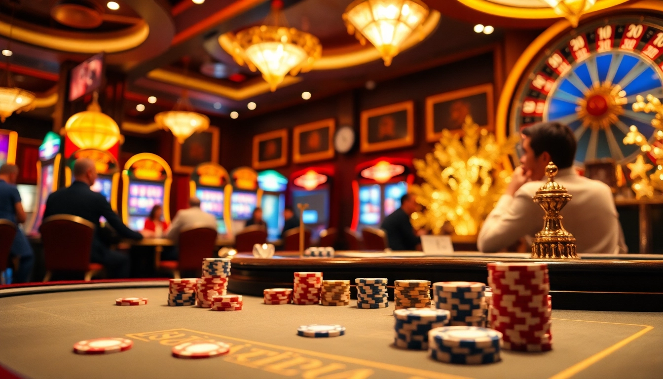 Engaging casino scene with poker and slot machines related to game bài đổi thưởng excitement.