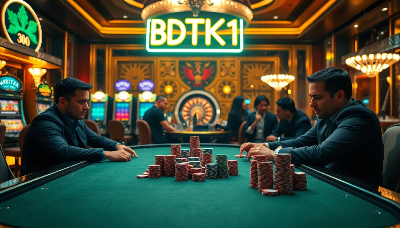 At a luxury casino, players strategize in a high-stakes poker game featuring BDTK1-themed elements.