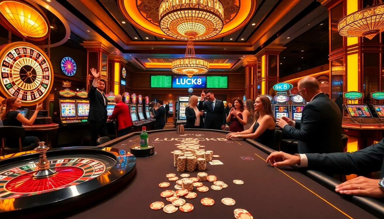 Trải nghiệm cảm giác hồi hộp tại casino LUCK8 với bàn poker sang trọng và máy đánh bạc sống động.