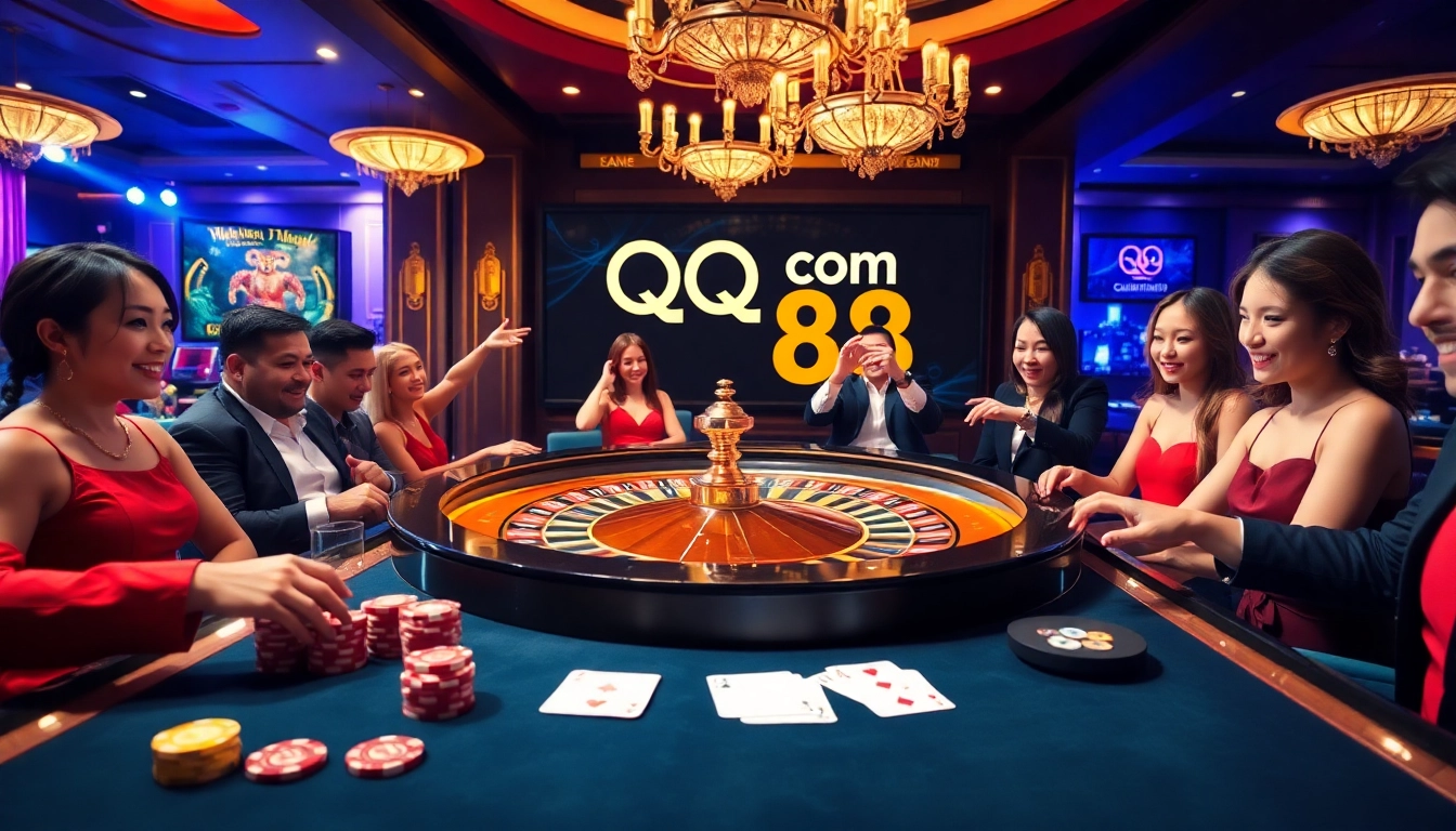 Engaged players at a luxurious qq88 com roulette table, showcasing excitement in a casino atmosphere.
