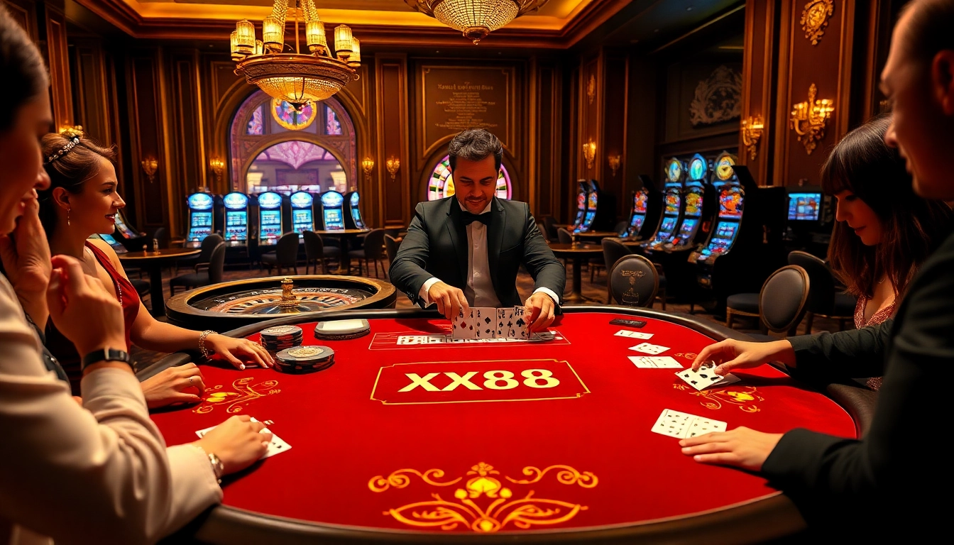 Players engage at the XX88 blackjack table, immersed in an exciting casino atmosphere.
