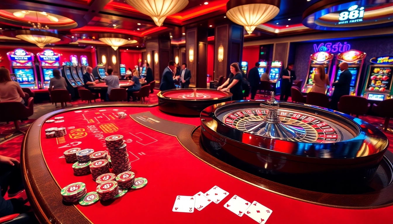 Engaged players at an 88i casino table with stylish poker chips and a roulette wheel.