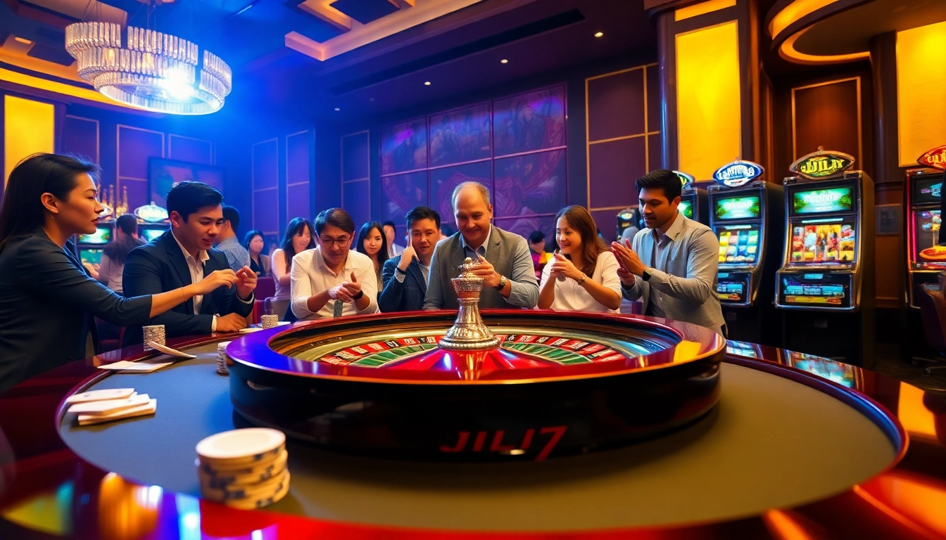 JILI7 roulette table action with players strategizing and vibrant casino atmosphere