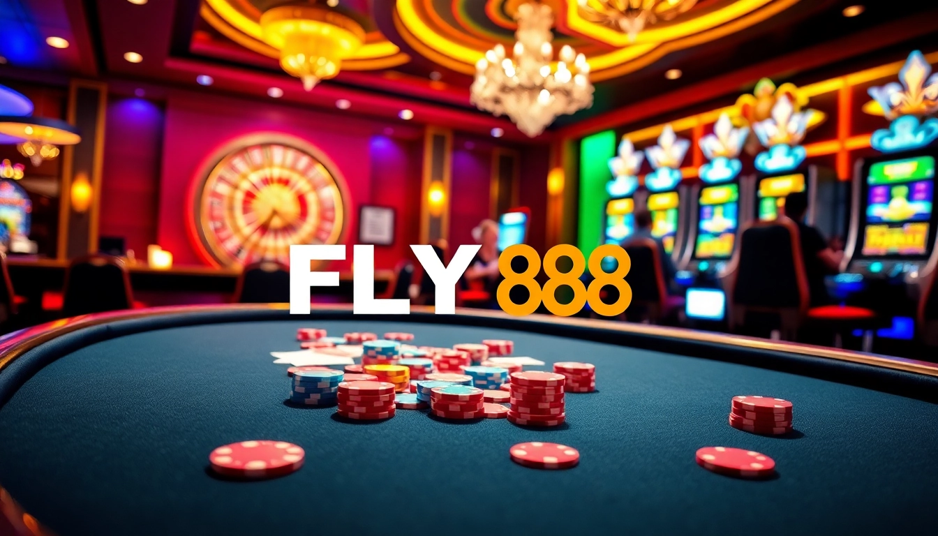 Experience the excitement of FLY 88 with vibrant casino visuals featuring poker tables and slot machines.