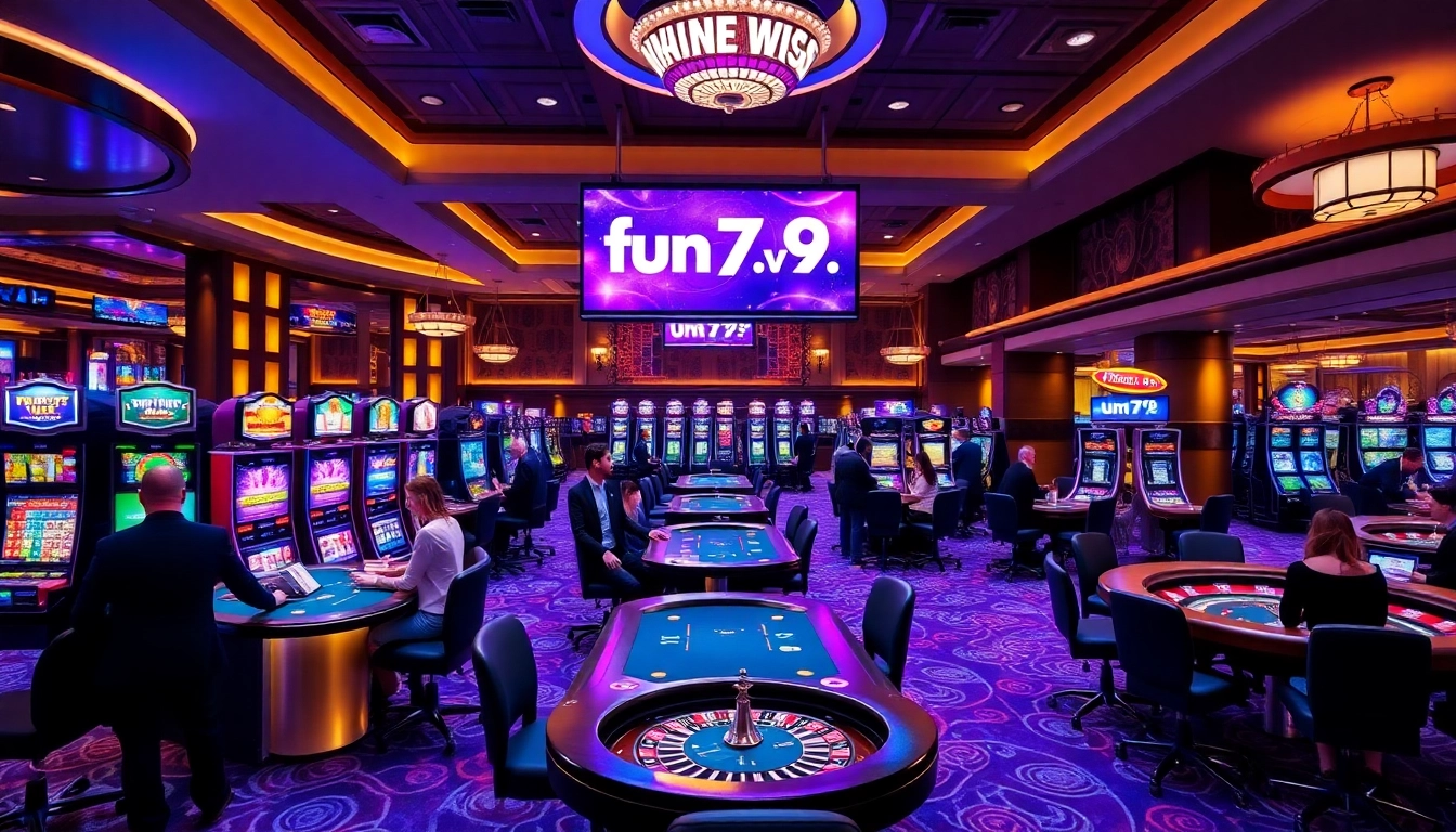 Engaged players enjoying games at fun79.vip casino, featuring vibrant slot machines and professional dealers.