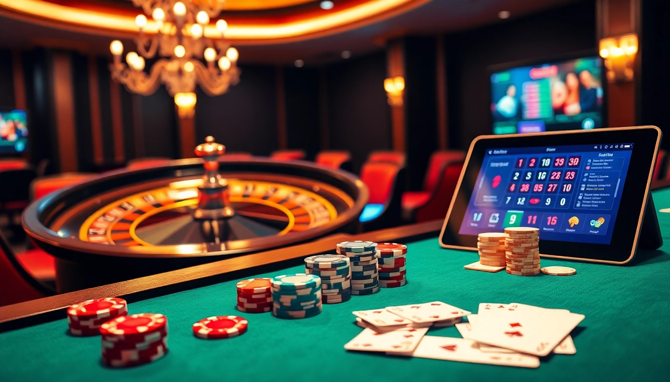 Bets placed at https://b52club.forum/ around a luxurious gaming table with cards and chips.