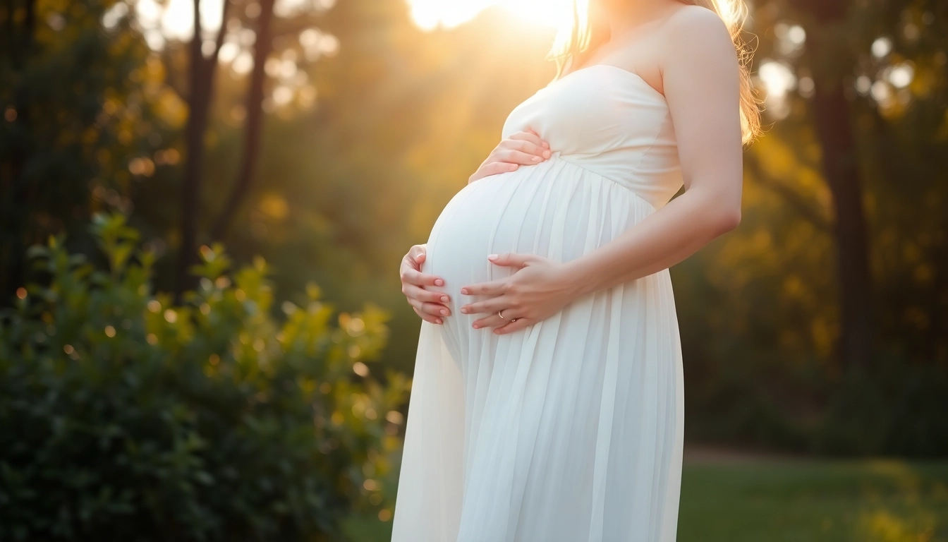 Schwangerschaftsfotografie einer werdenden Mutter in einer idyllischen Umgebung mit sanftem Licht.