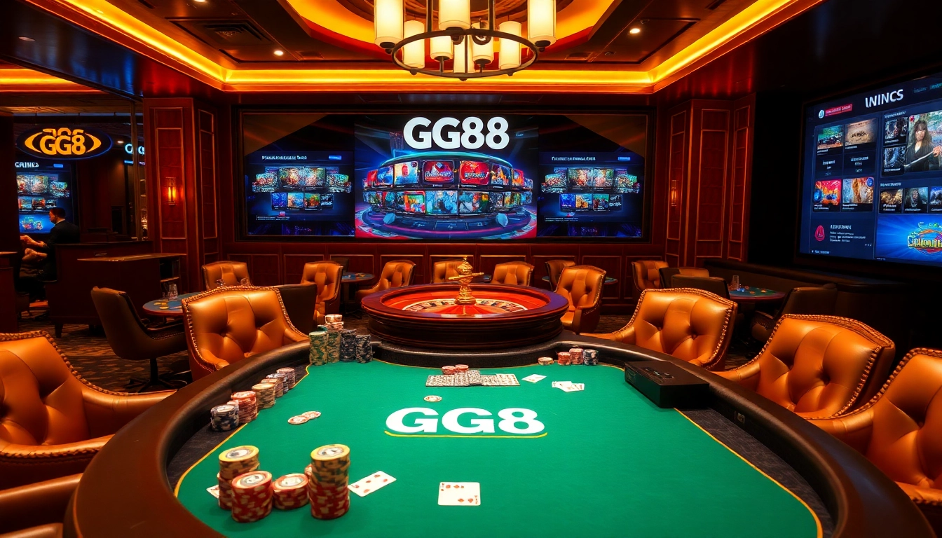 Experience the excitement of GG88 at a luxurious casino table with vibrant poker chips and cards.