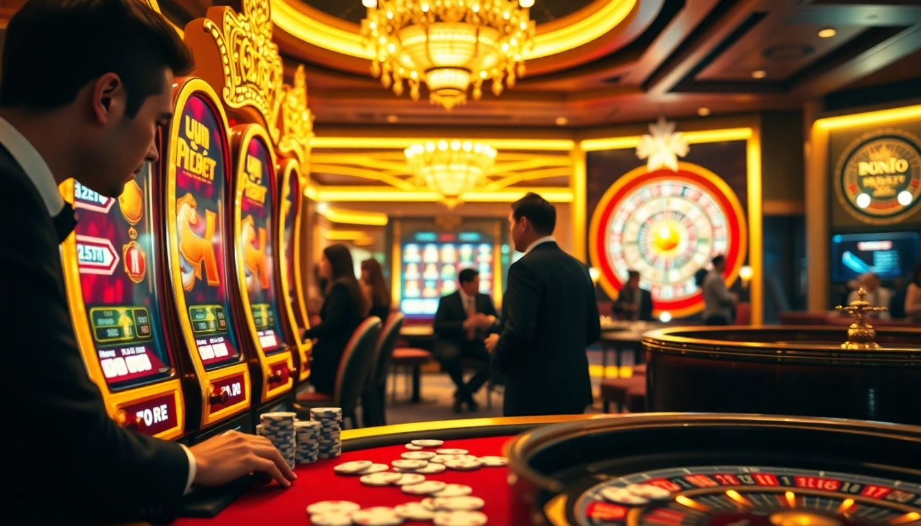 Engaged players enjoying nổ hũ at a glamorous casino, surrounded by vibrant slot machines and poker tables.