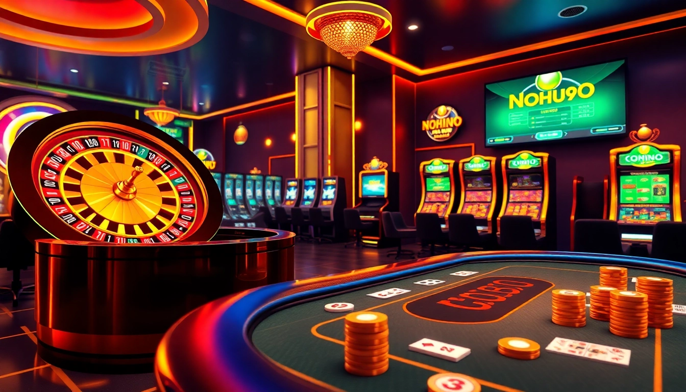 Experience the excitement of NOHU90 with vibrant online gambling visuals featuring roulette and slots.
