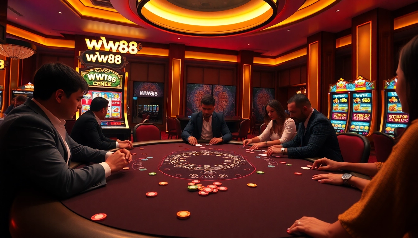 Experience high-stakes thrills at a ww88 poker table with vibrant casino visuals.