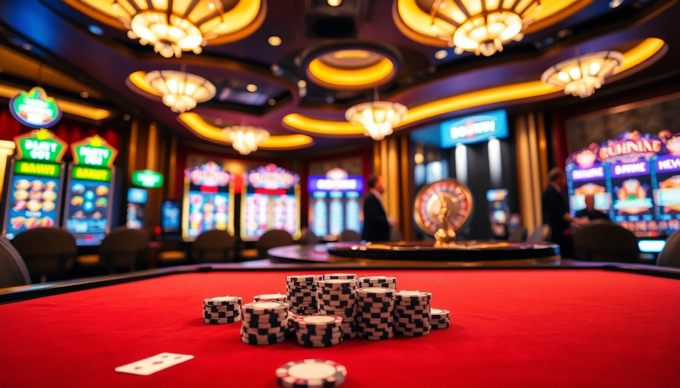 Experience the excitement of game 98win at a luxurious casino table with vibrant slot machines.