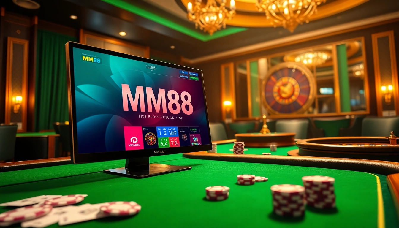 Experience the excitement of MM88 online casino with vibrant gambling elements and luxurious decor.